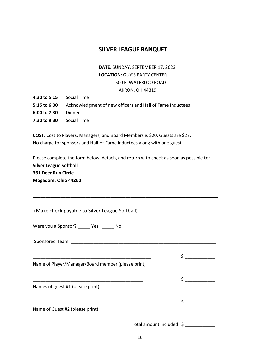2023 Silver League banquet form reproduced from the approved Procedure Manual