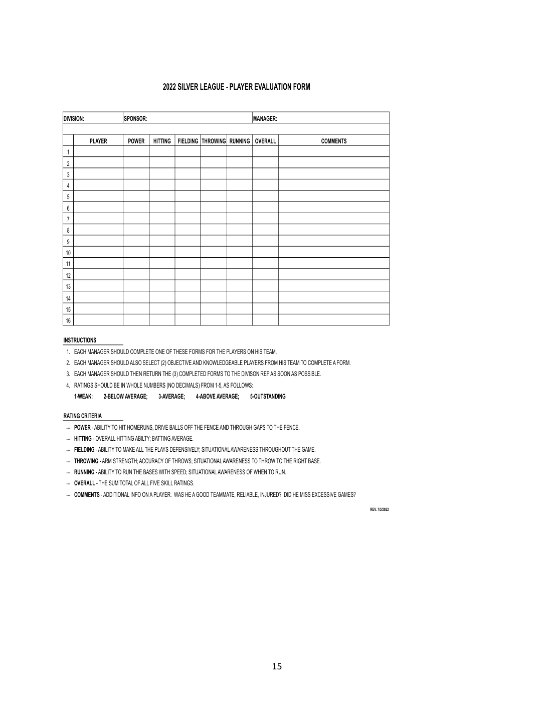 2022 Silver League player evaluation form reproduced from the approved Procedure Manual