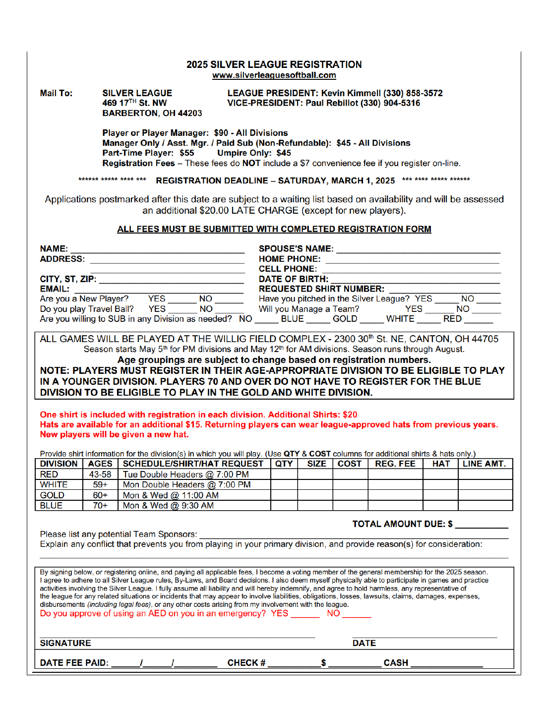 2025 Silver League registration form reproduced from the approved Procedure Manual