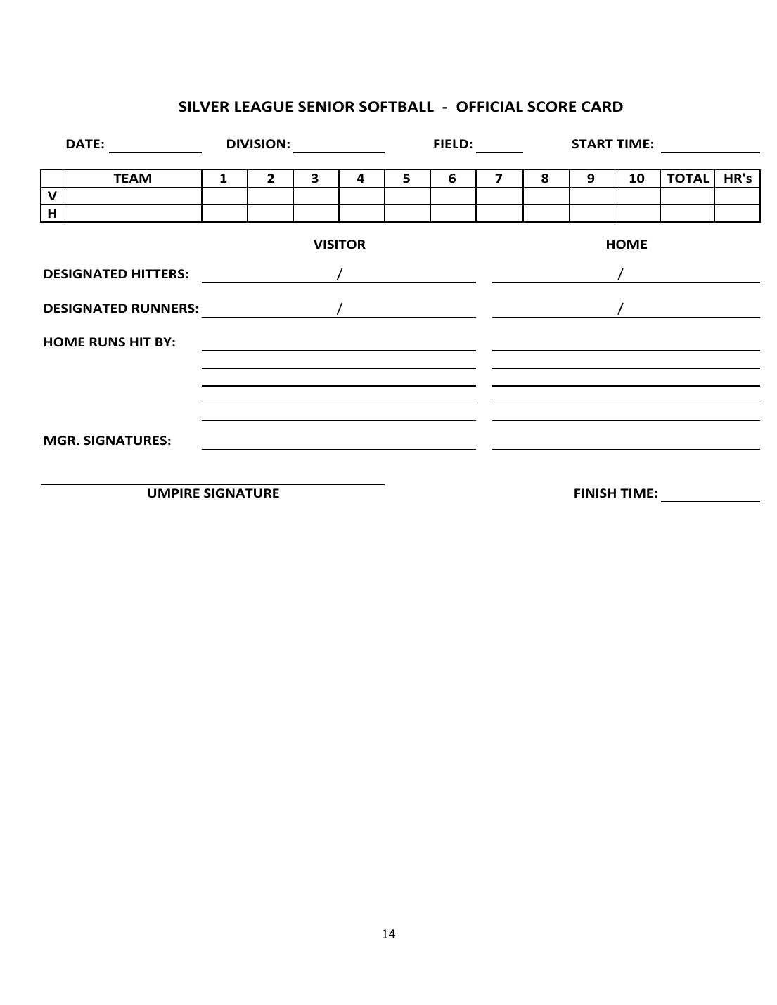 Silver League official score card reproduced from the approved Procedure Manual